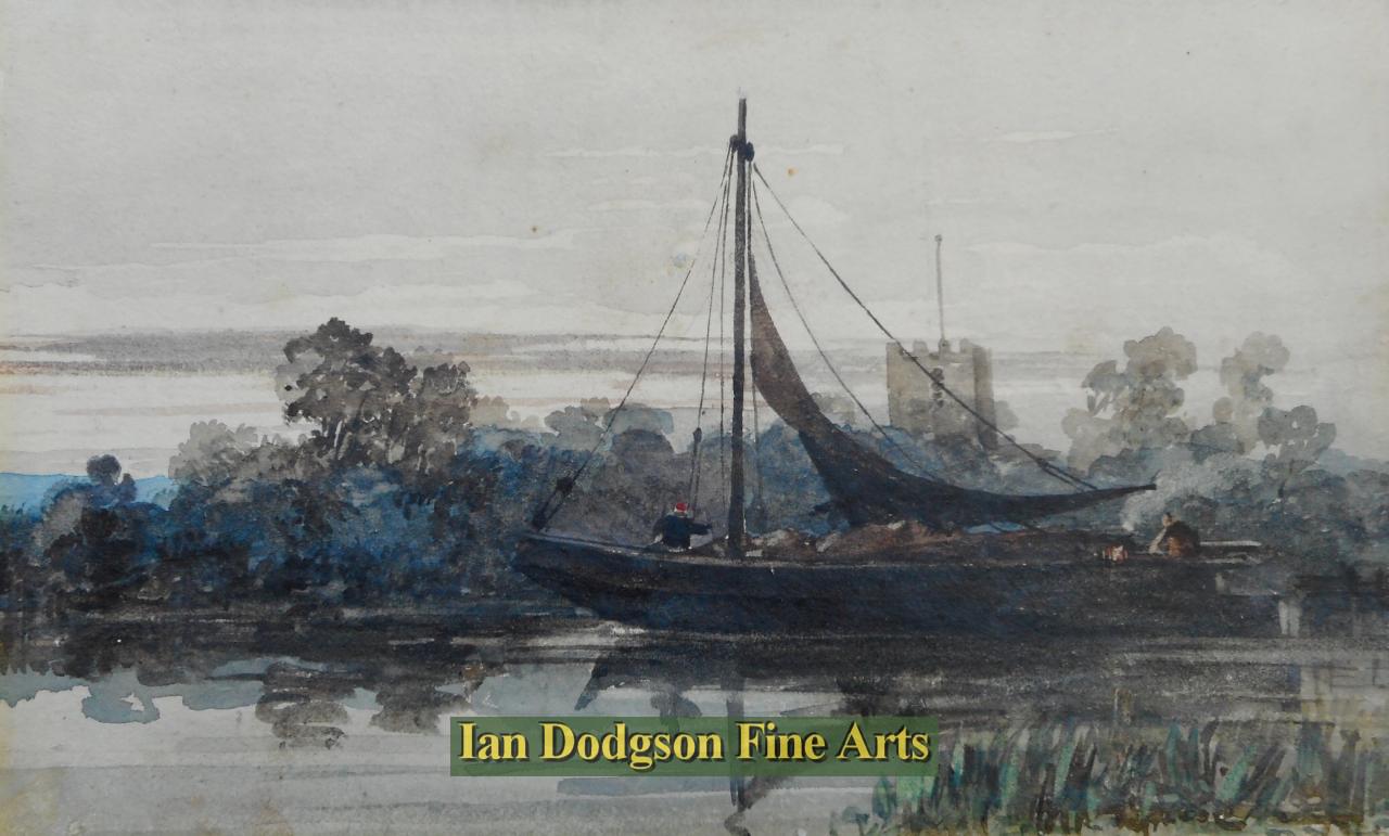 David Cox Snr - River scene with Barge Watercolour (c1820)